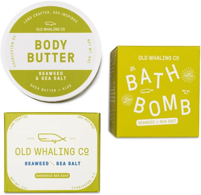Old Whaling Co Seaweed & Sea Salt Bath Set – Set of 3 bath products - beachy fragrance - bath bomb, body butter, bar soap