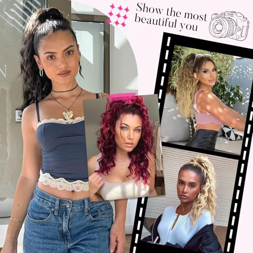 RONTAYA Ponytail Extension, 18 Inch Black Claw Clip Ponytail Extensions for Women, Multi Layered Fluffy Thick Wavy Jaw Clip in Fake Pony Tails Fake Hair Soft Synthetic Hairpiece