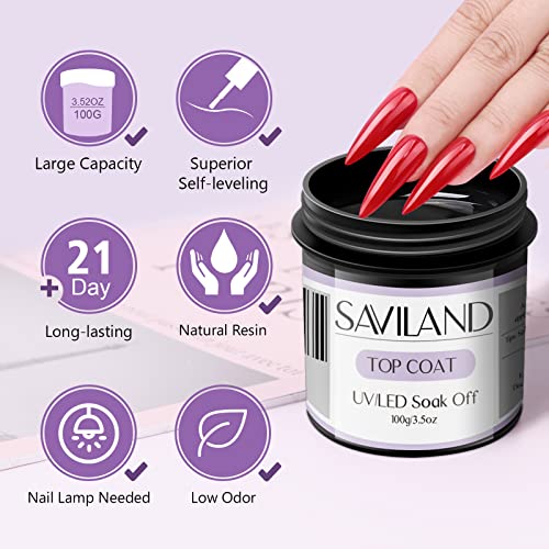 SAVILAND 100 G Top Gel Coat: 3.5 OZ Large Capacity No Wipe Top Gel Coat Clear Gel Nail Polish Soak Off U V LED Gel for Starters Professionals Home DIY Nail Salon Manicure