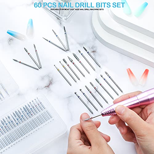 60 Pieces Diamond Nail Drill Bit Set Electric Cuticle Cleaner 3/32 Ceramic Nail Drill for Acrylic Manicure Pedicure Home Salon Use