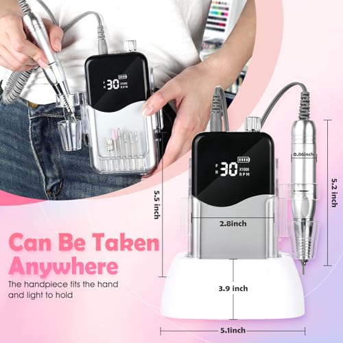 Nail Drill, Portable Rechargeable Tool Kit with 35000RPM Electric Nail File and LED Display for Manicure, Pedicure, Salon, Home, DIY (White)