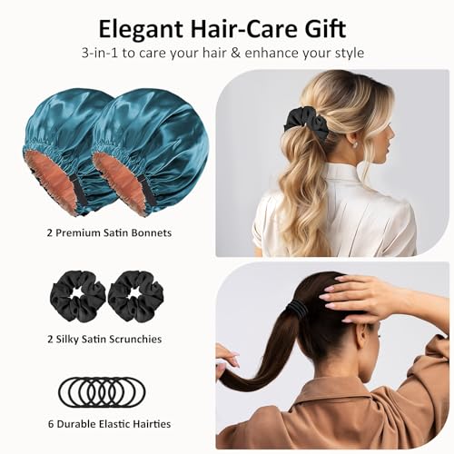 Satin Bonnet & Hair Care Accessories: 2PCS Silk Bonnet for Sleeping Women & Men, Double Layer Hair Bonnet, Adjustable Band for Curly Long Hair; 8PCS Satin Scrunchies & Elastic Hair Ties.