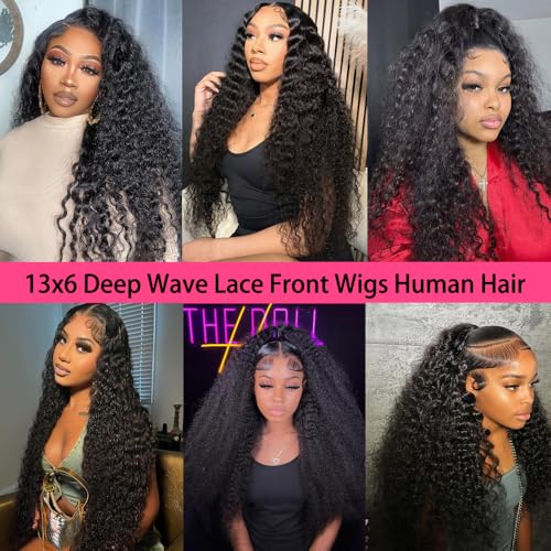 Deep Wave Lace Front Wigs Human Hair 200% Density 13x6 HD Transparent Deep Wave Frontal Wigs Human Hair With Baby Hair(26 Inch)