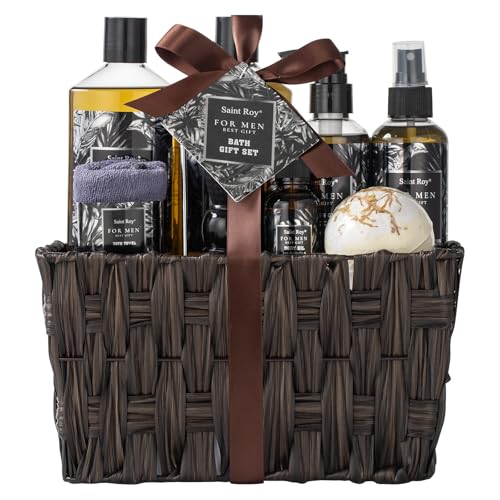 Fathers Day Gift Baskets, Birthday Gifts for Men Basket, Spa Gift Set for Him Beard Shaving Kit Men's Beard Kit Brush Men Face Care Perfume Spa Kit for Man with Beard Brush Rack,Gifts for Dad son