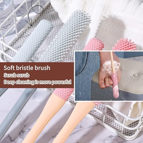 Long Handled Silicone Toe Cleaner, Soft Rubber Brush, Exfoliating Foot Scrubber for Shower - Seniors, Men and Women (Gray)