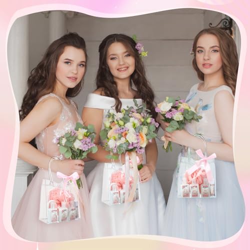 Demissle 6 Sets Baby Shower Game Prizes for Winners Baby Shower Favors Gifts Include Lip Balms Hand Creams Body Lotions Bath Loofah Sponges Gift Bags(Pink Flower)