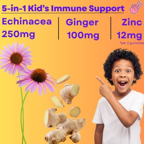 5-in-1 Kid's Immune Support Gummy, Manuka Honey, Vitamin C, Zinc, Echinacea, Ginger, Gummy Supplement, Essential Immune Support Gummies for Daily Use, Natural Citrus Flavored - 60 Count