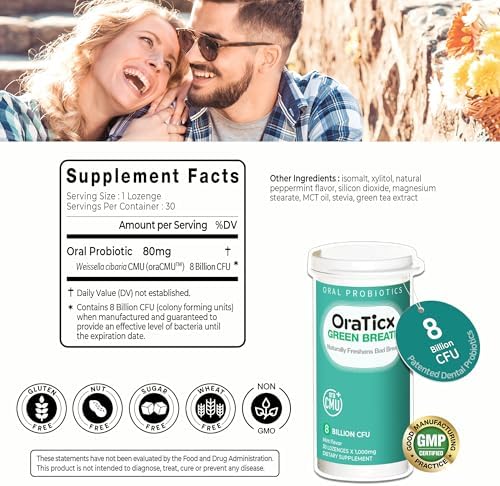 Green Breath Oral Care Probiotics, Naturally Support Freshens Bad Breath & Healthy Mouth, Dental Probiotic Supplement 8 Billion CFU, Mint Flavor 30 Lozenges 1-PK