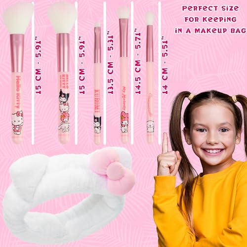 Hello Kitty Makeup Brush Set of 5 Kawaii Fluffy Makeup Headband Women Teens Girls Powder Brush Eyeshadow Brush Beauty Set Anime Cute Gifts