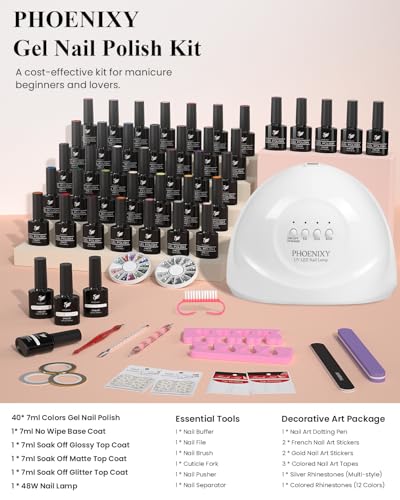 phoenixy 61 PCS Gel Nail Polish Kit with U V Light, 40 Colors Gel Nail Polish Set Manicure Starter Nail Kit Base Top Coat Gifts for Women