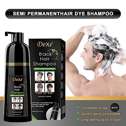 DEXE Black Hair Dye Shampoo for Gray Hair Coverage,Hair Color Shampoo for Men/Women,3 in 1-100% Grey Cover,Permanent Hair Shampoo,Herbal Ingredients and Ammonia Free,400ML(14 Fl oz)