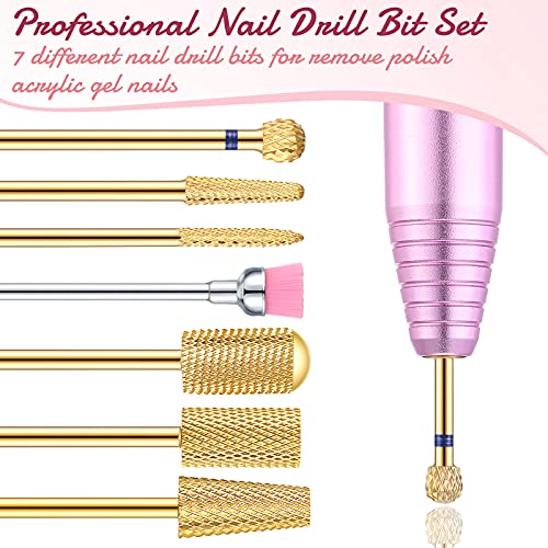 Hestya 7 Pieces Nail Drill Bits Set Tungsten Carbide Drill Bits for Nails Electric File 3/32 Inch Diamond Manicure Pedicure Cuticle Remover Tools for Acrylic Gel fingernail Salon(Gold)