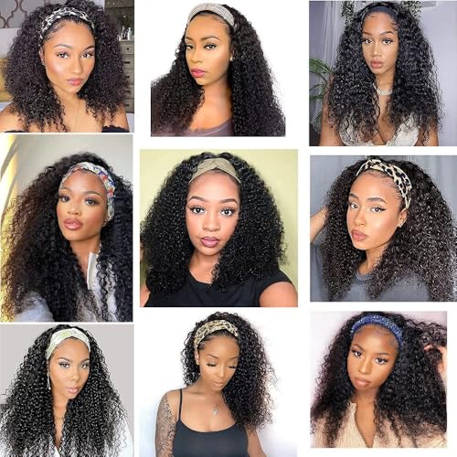 Smoothair Headband Wig Human Hair Kinky Curly Headband Wigs for Black Women Human Hair Wigs Glueless 18 Inch None Lace Front Wigs Brazilian 150% Density