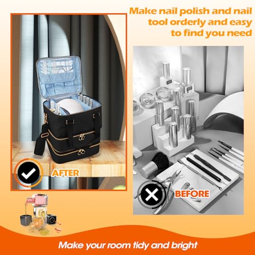 Nail Polish Organizer Case - Three Layer Nail Polish Storage Bag with Adjustable Dividers Holds 84 Bottles Nail Polish Nail Lamp Nail Kit Supplies Organizer Box - Black