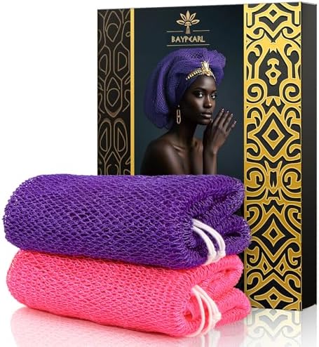 Authentic African Net Sponge - 2 Piece Exfoliating Bath Sponge for Shower, Gentle Body Scrubber for Sensitive/Dry/Acne-Prone Skin, Long-Lasting Back & Skin Exfoliator (Pink Purple)