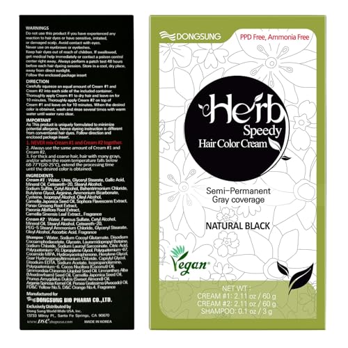 Dongsung Herb Speedy Color Cream PPD-Free Ammonia-Free Vegan Gray Coverage Hair Dye with Sun Protection, Odorless, Gentle for Sensitive Scalp, No Eye or Scalp Irritation (Natural Black)
