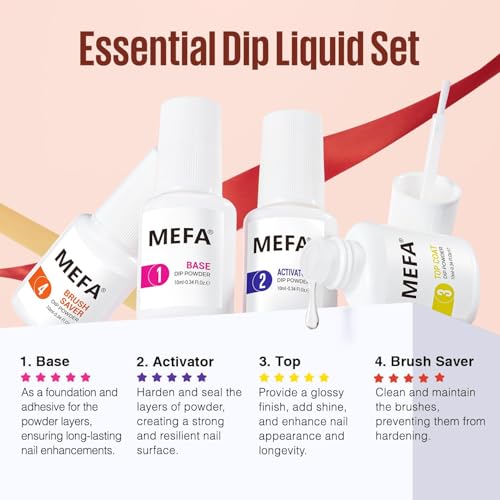 MEFA 32 Colors Dip Powder Nail Kit Pink Glitter Clear Nude White All Seasons Tones Dipping Powder with Base Top Coat Activator Brush Saver Liquid Set, French Nail Art Manicure