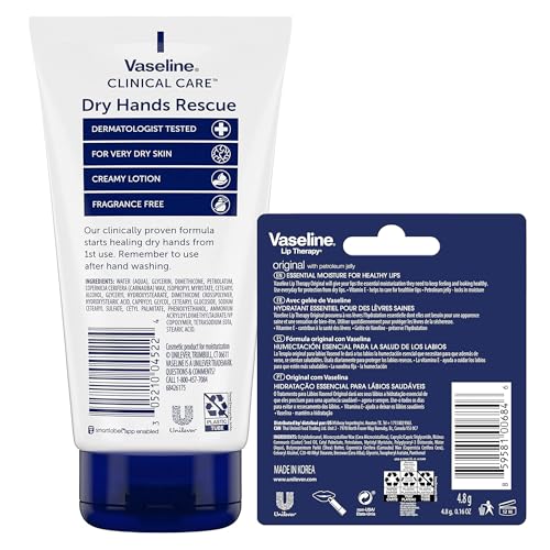 Vaseline Hand Cream, Dry Hands Rescue 2-Pack – Clinical Care Formula, Fragrance-Free, 5.1 Oz Ea + Lip Therapy Original Moisturizer for Lips, 0.16 Oz