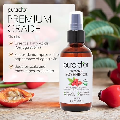 PURA D'OR 4 Oz Vitamin E Oil Blend 70,000 IU & Rosehip Seed Oil Hair Relaxer 100% Pure Cold Pressed USDA Certified All Natural Moisturizer For Anti-Aging, Acne Scar Treatment, Gua Sha Massage