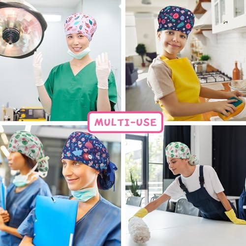 6 Pcs Scrub Caps for Women Doctor Nursing Hats with Buttons Adjustable Tie Back Working Cap Bouffant Scrub Hats for Women Men
