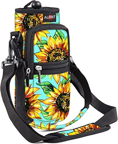 AUPET Water Bottle Sling Bag Sleeve Holder Carrier 25/32/40/64 oz,Insulated Crossbody Water Bottle Case Cover with Strap and Pockets for Men/Women Walking Hiking Camping (32oz, yellow leaves)