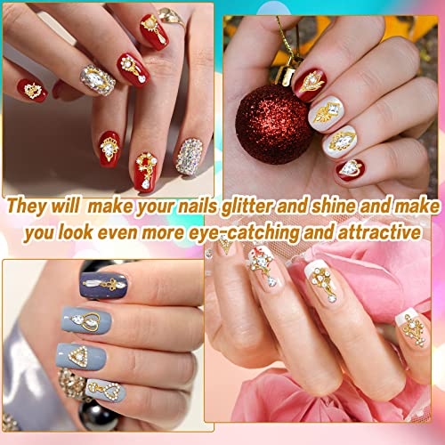 Maitys 52 Pcs Gold Nail Charms Luxury Rhinestones Heart Crystal Gems Alloy 3D Dangle Nail Jewels Metal Pearl Diamond Flowers Studs for Women DIY Craft Jewelry Making