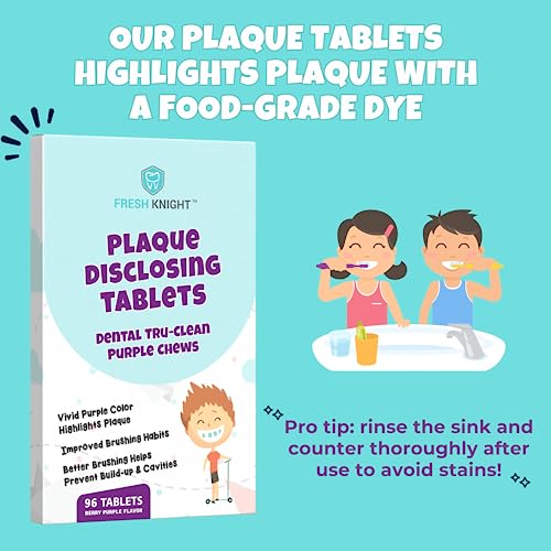 Plaque Disclosing Tablets for Teeth, 96 Count, Dental Disclosing Tablets for Kids or Adults, Shows Plaque, Helps Teach Kids Teeth-Brushing Habits for Clean Teeth, by Fresh Knight, Pack of (1)