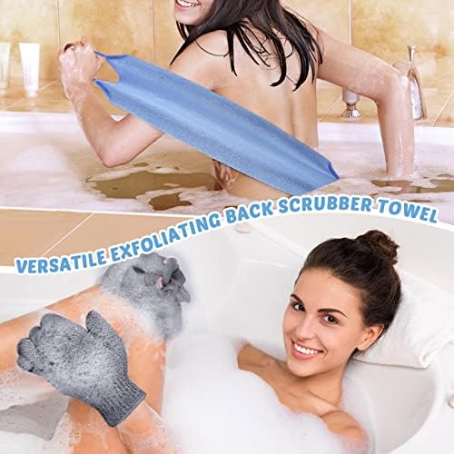4 Pack Exfoliating Washcloth Back Scrubber Set, 2 Exfoliating Body Scrubber Nylon Back Body Scrub Towel, 2 Pairs Shower Gloves for Women Men Bath Shower Exfoliation(Gray, Blue)