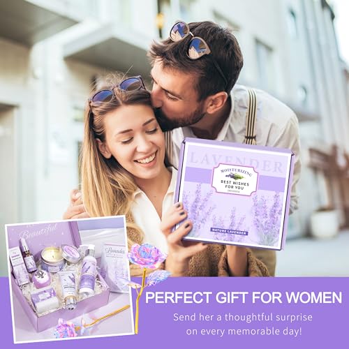 LUCOTIYA Lavender Spa Gift Set for Her,Hand Cream,Lavender Essential Oil,Body Butter ,Lavender Scented Candle,Bath Bombs,Soap