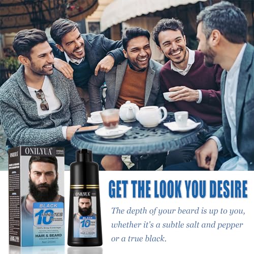Men's 3-in-1 Black Beard & Hair Dye Shampoo, Instant Grey Darkening Beard Color Shampoo in 10 Minutes, Simpler Gray Reducing Mustache & Beard Dye for Men, with Plant Extract for Healthy Facial Hair