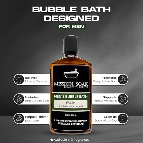 Men’s Luxury Bubble Bath – Sandalwood & Sea Salt Scent | Muscle Recovery, Stress Relief & Skin Hydration | Full-Body Soak with Aloe Vera | 9 fl oz | Supports Disabled Veterans with Every Purchase