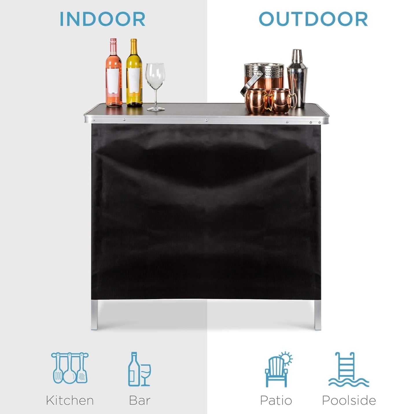 Portable Pop-Up Bar Table with Carrying Case, Storage Shelf and Removable Skirt for Indoor, Lawn, Party, Picnic, Weight Capacity 110 lbs