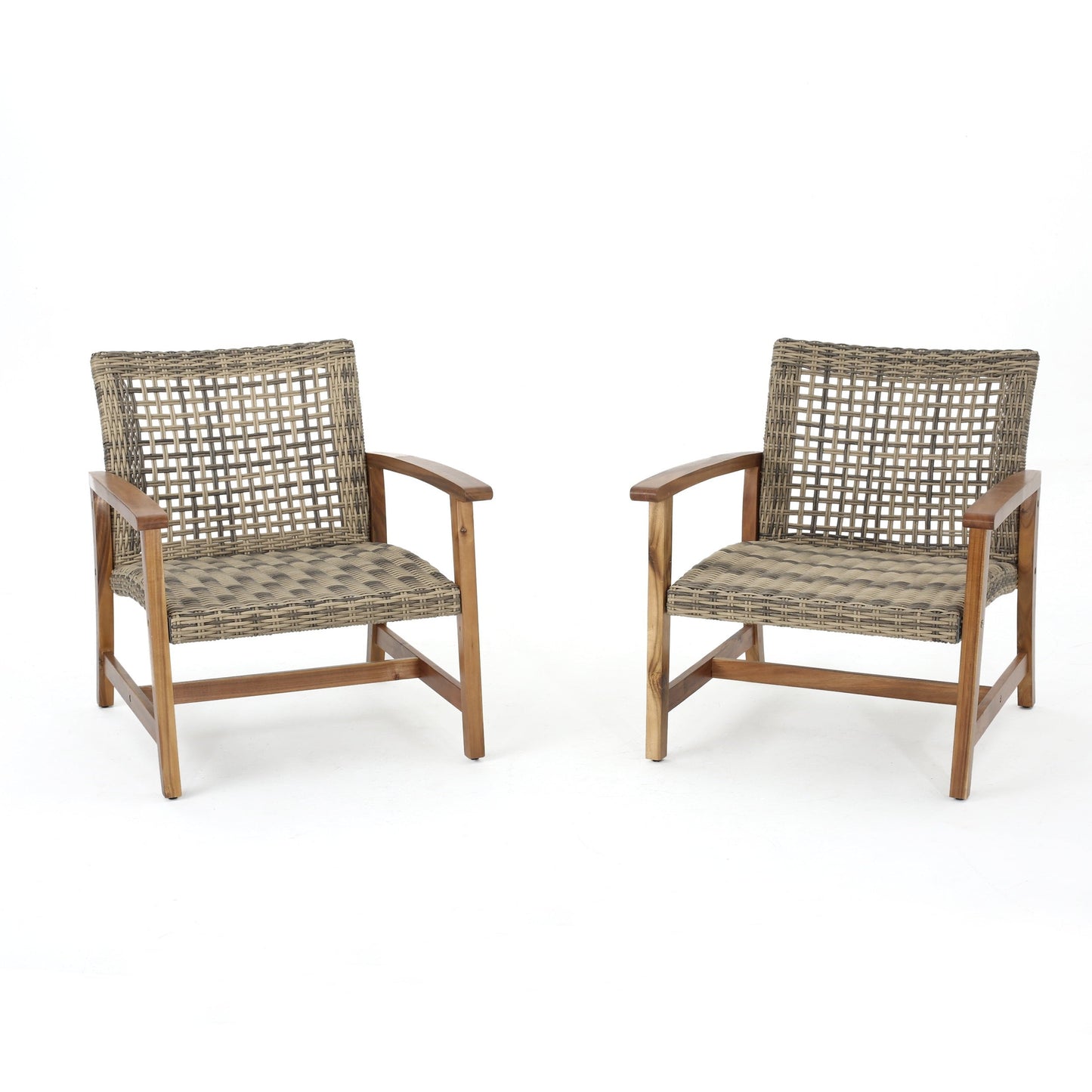 Outdoor Club Chair Set of 2, Outdoor PE Wicker Chair with Wicker Seat & Backrest, Wood Patio Club Chairs for Garden Lawn Backyard