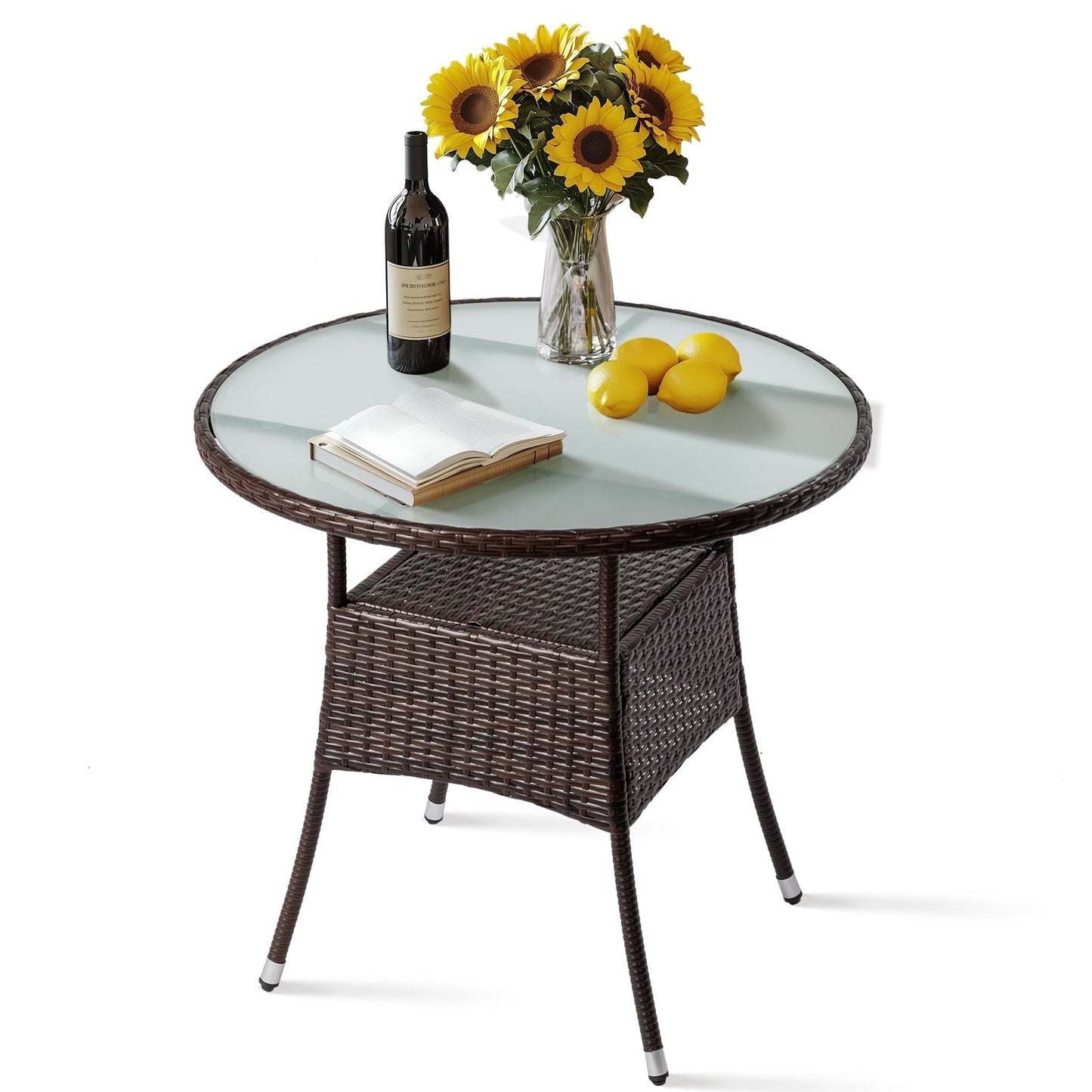 31.5" Round Wicker Patio Dining Table for 4, Outdoor Rattan Bistro Table with Glass Top – Brown