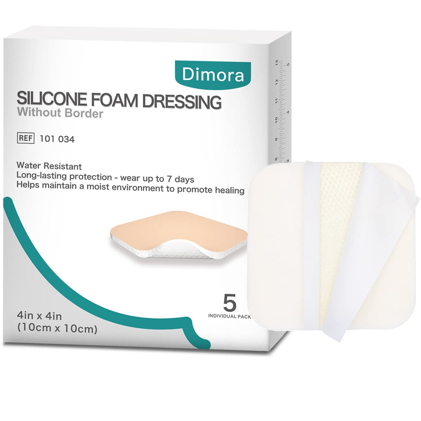 Dimora Silicone Foam Dressing Without Border 4"x 4" Highly Absorbent Adhesive Wound Bandage Cuttable Pads for Wound Care 5 Pack