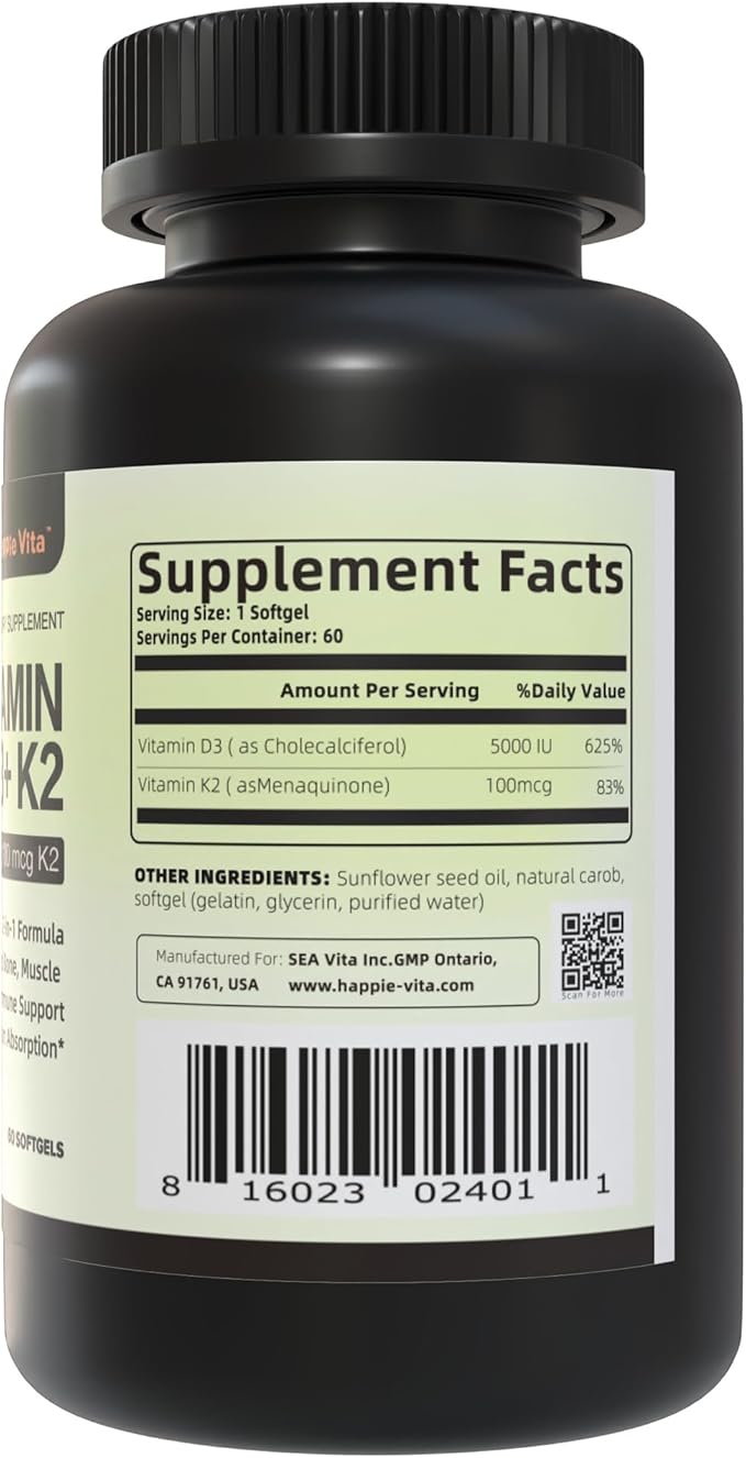 Vitamin D3 K2, Vitamin D3 5000 IU (125 mcg) + Vitamin K2 100 mcg, 2 in 1 D3 and K2 Supplements for Bone, Teeth, Muscle and Immune Health Support, 60 Softgels