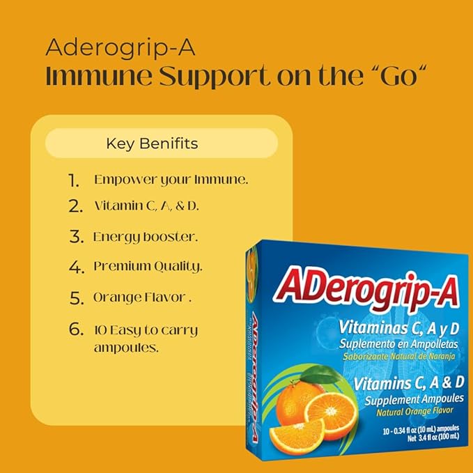 Aderogripa Immune Support Vitamins C, A & D | Liquid Supplement | 10 Natural Orange Flavor Ampoules | Boost Your Immune System | Box of 10 x 10ml Ampoules | Suplemento en Ampolletas