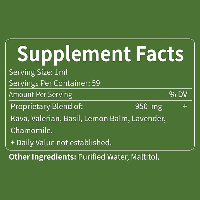 Kava Root Drops for Calming & Relaxing Support, Natural Calm & Sleep Supplements for Adults with Valerian, Chamomile Extract, High Bioavailability Liquid with Basil Promotes Relaxation. 2 oz