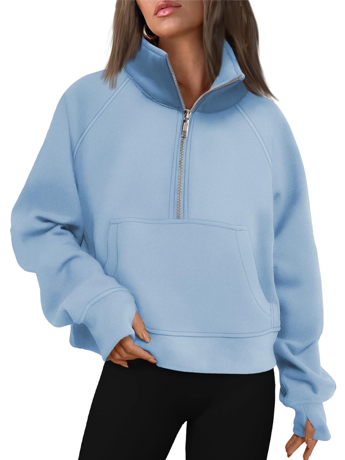 AUTOMET Womens Sweatshirts Half Zip Cropped Pullover Fleece Quarter Zipper Hoodies 2024 Fall Fashion Outfits Clothes Thumb Hole Lightblue