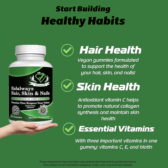 Halalways Hair, Skin & Nails Gummy Certified Halal Supplement Optimal Solutions Hair, Skin and Nails Gummies with Biotin 6000 mcg, Folate,Passion Flavored