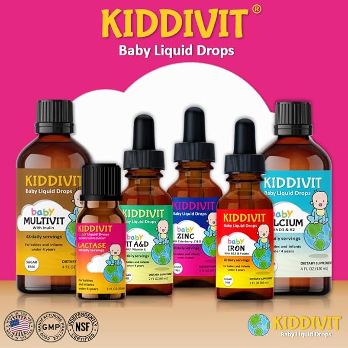 Kiddivit Baby Vitamin A&D Liquid Drops with Vitamin E - 60 Daily Servings, 2 Fl Oz (60 mL) - Dropper Included, Glass Bottle - Sugar Free, Gluten Free, Vegetarian Friendly