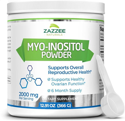 Zazzee Myo-Inositol Powder, 6 Month Supply, 183 Servings, 2000 mg per Serving, Free Scoop for Exact Dosage, 12.91 Ounces, 100% Pure, All-Natural Fertility and Reproductive Support, Vegan, Non-GMO