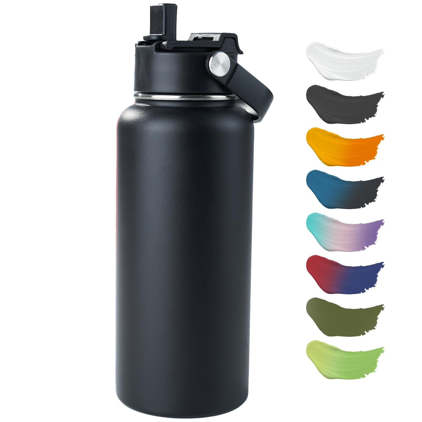 Kerilyn 32oz Stainless Steel Insulated Water Bottle, Double Wall Vacuum, Leak Proof with Silicone Straw, Wide Mouth, BPA Free, Copper Lined, Keep Cold 24h Hot 12h, Black