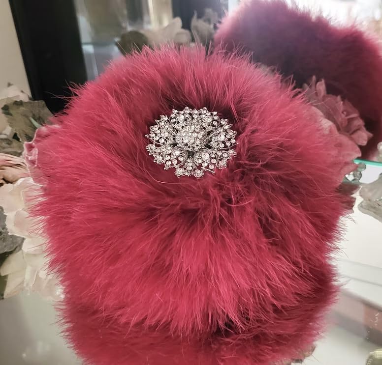 Scarlet Red Down Feather Trimmed Ivory Faux Fur Puff Body Dusting Powder Rhinestone Embellished Handle
