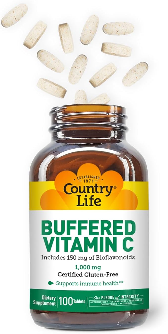 Country Life Buffered Vitamin C 1000mg with Bioflavonoids, Calcium, Magnesium, Potassium - Immune Support, Vegan Capsules, Gluten-Free, Gentle on Stomach - 100 Tablets
