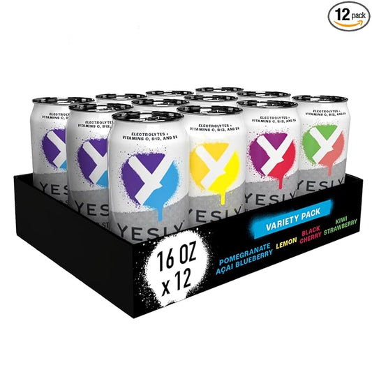 Yesly Functional Water, Variety Pack, Naturally Flavored Still Water with Electrolytes, Magnesium, Potassium, Vitamin C, B6 & B12, Zero Sugar, No Artificial Sweeteners, 16 Fl Oz Cans, 12 Pack