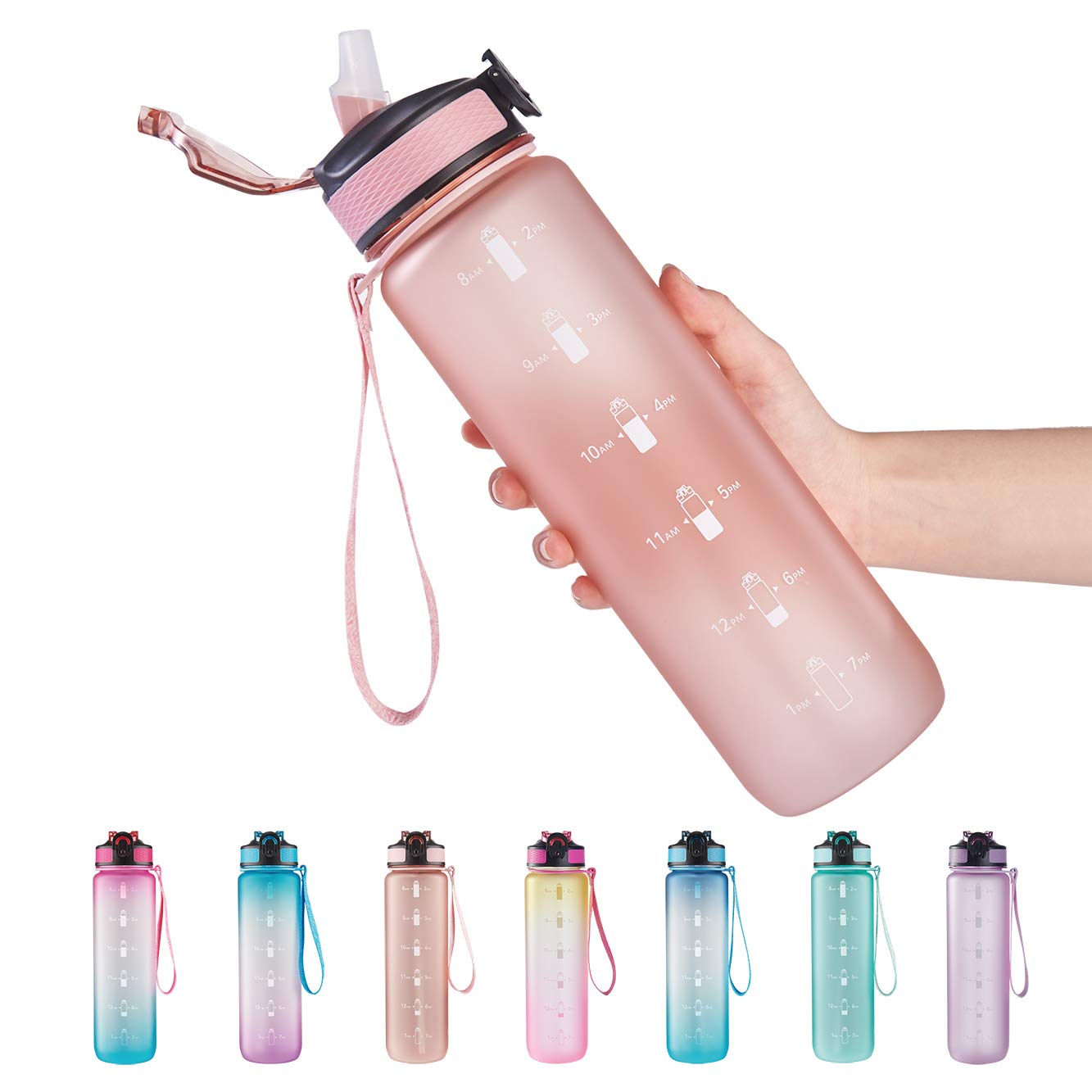 EYQ 32 oz Water Bottle with Time Marker, Carry Strap, Leak-Proof Tritan BPA-Free, Ensure You Drink Enough Water for Fitness, Gym, Camping, Outdoor Sports (Rose Pink)