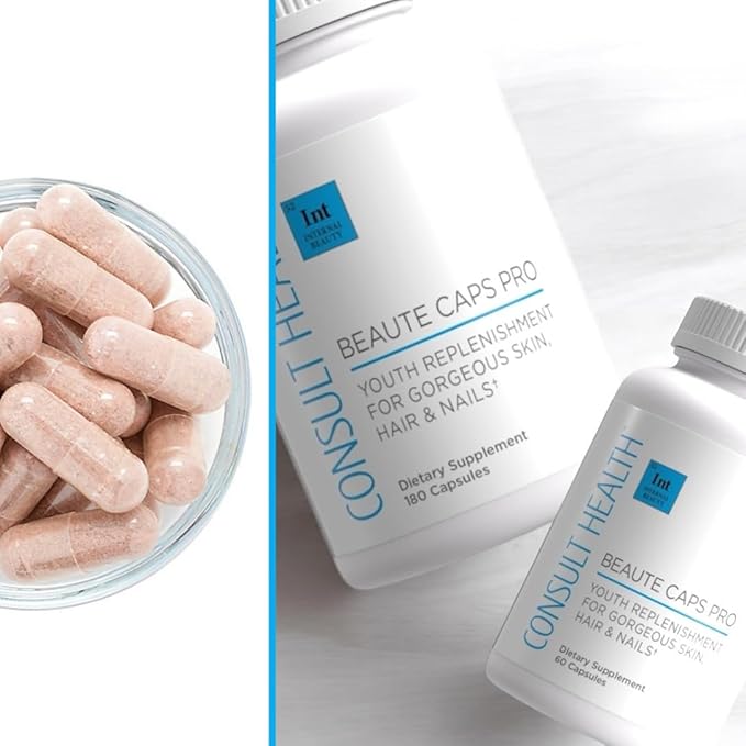 Consult Health Beaute Caps Pro - Supports Hair Growth, Skin & Nail Health - Collagen, Vitamins B6, B7,B12, D & 10,500 mcg Biotin - MSM, Blood Orange - Anti-Aging - USA Made - Women & Men 60 Capsules