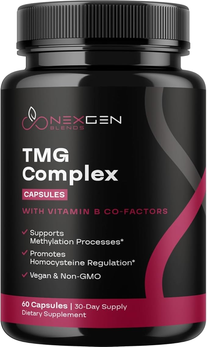 TMG Trimethylglycine Supplement with Methyl B Complex - 500mg Betaine TMG Supplement with Methylated Vitamin B Co Factors for Homocysteine Heart & Liver Support - Vegan & Non-GMO (1 Month Supply)