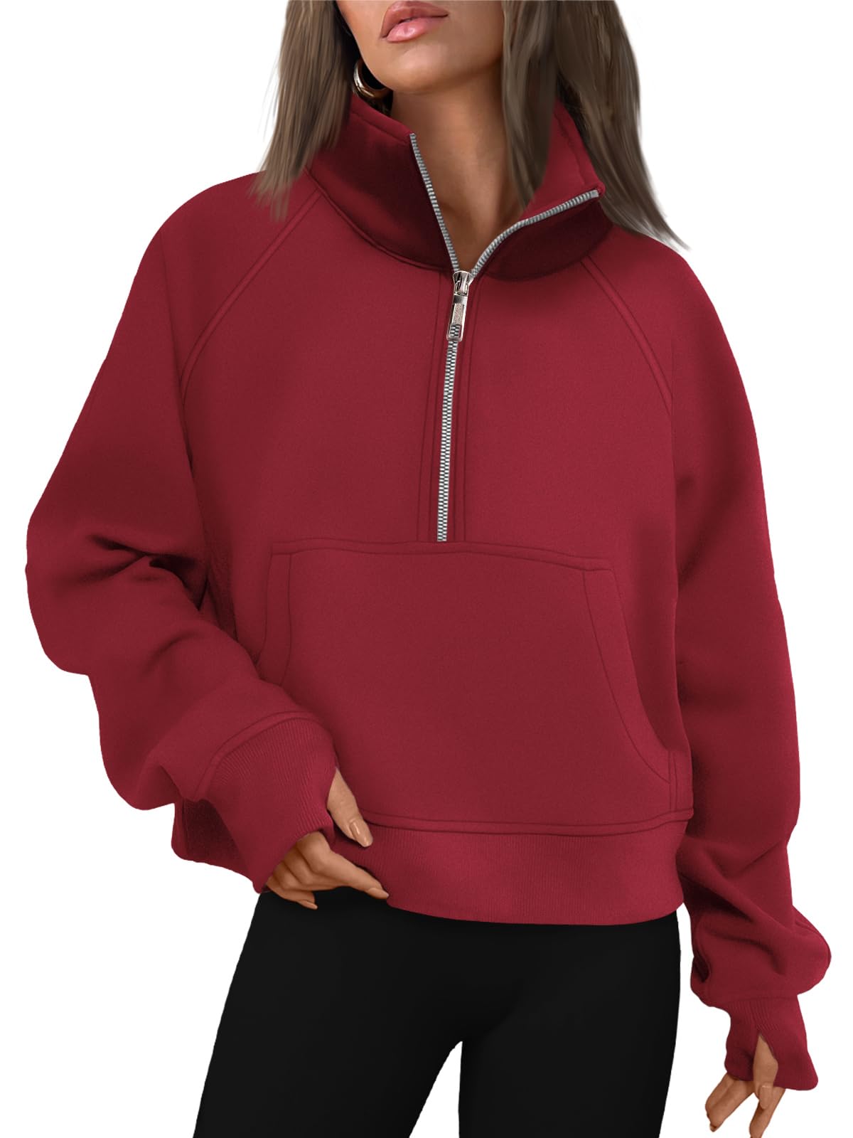 AUTOMET Womens Sweatshirts Half Zip Cropped Pullover Fleece Quarter Zipper Hoodies 2024 Fall Fashion Outfits Clothes Thumb Hole Red